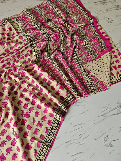 Pink Elephant BAGRU Hand Block Printed Saree with Blouse