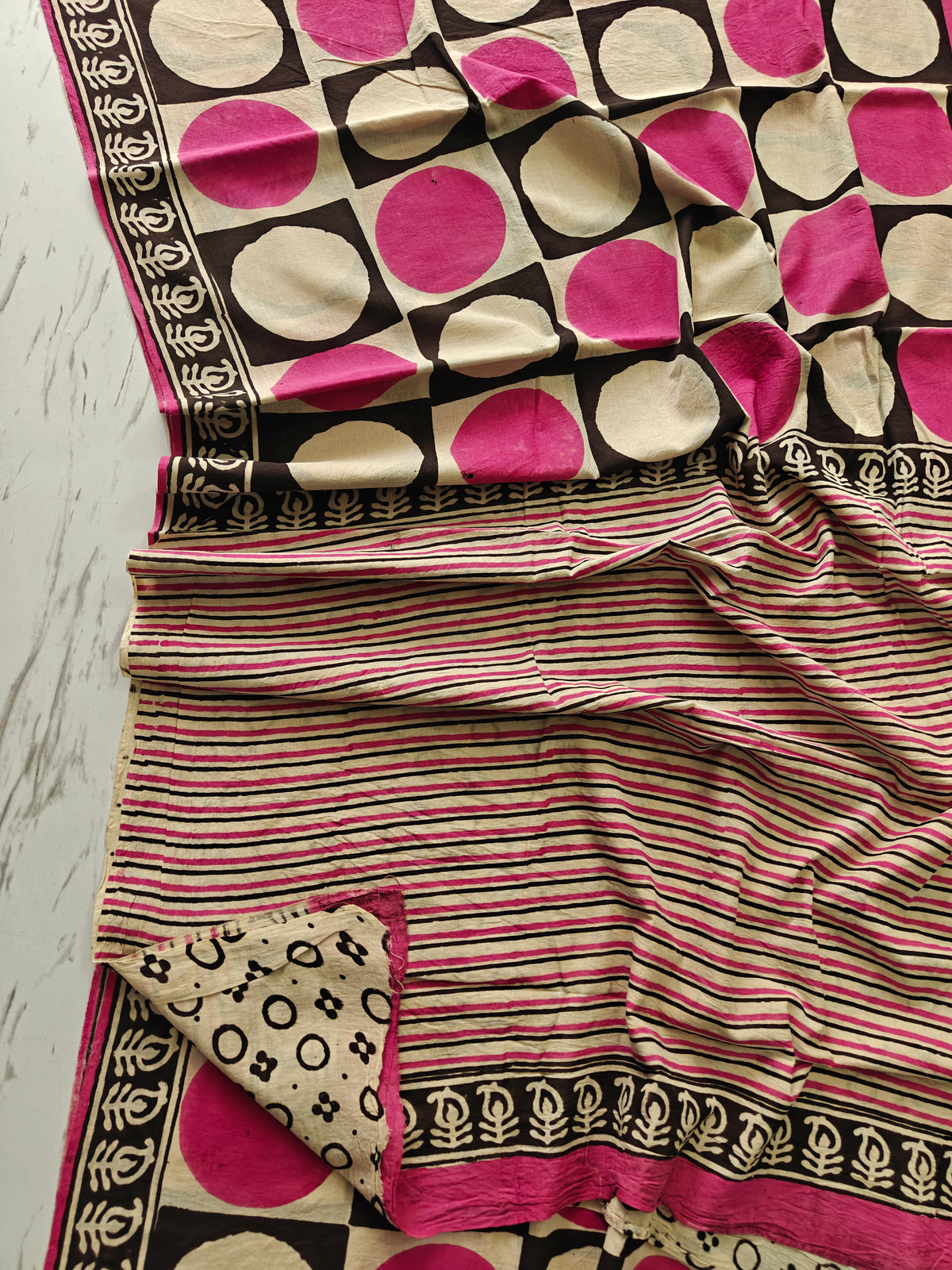 BAGRU Hand Block Printed Cotton Mulmul Saree with Blouse