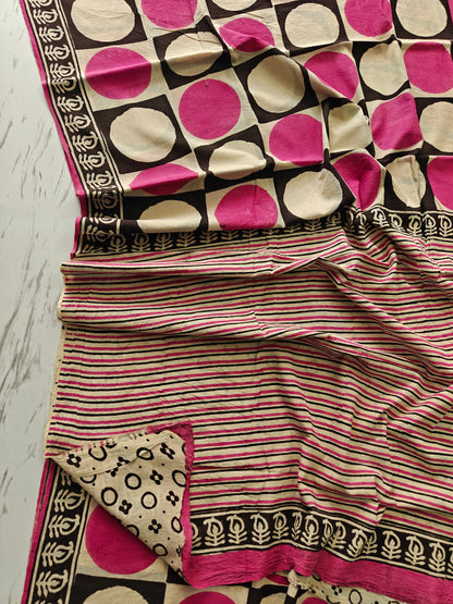 BAGRU Hand Block Printed Cotton Mulmul Saree with Blouse