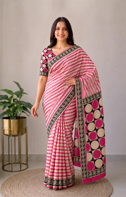 Pink Love BAGRU Printed Cotton Mulmul Saree