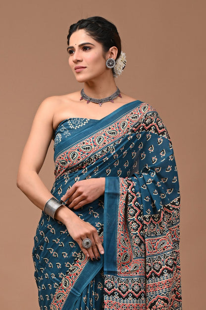 Bagru Prime Hand Block Printed Cotton Mulmul Saree With Blouse