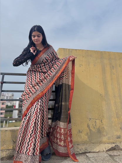 Bagru Prime Pure Maheswari Silk Saree with Blouse