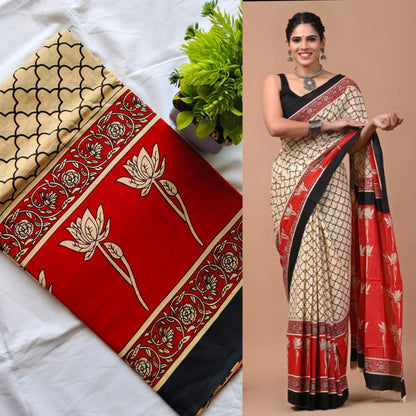 Bagru Print Pure Cotton Mulmul Saree with Blouse
