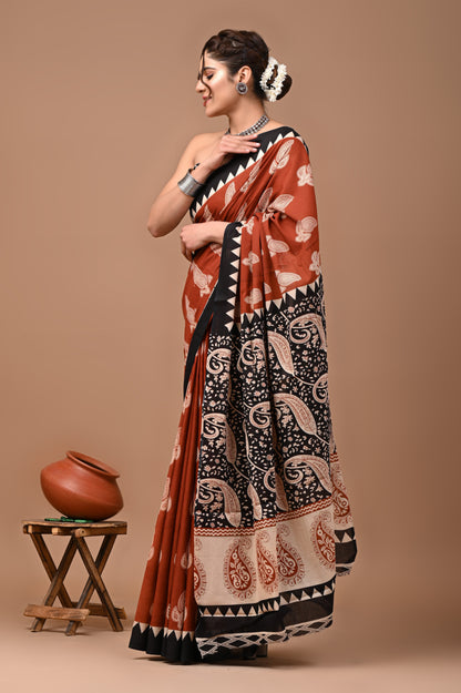 Bagru Print Pure Cotton Mulmul Saree with Blouse