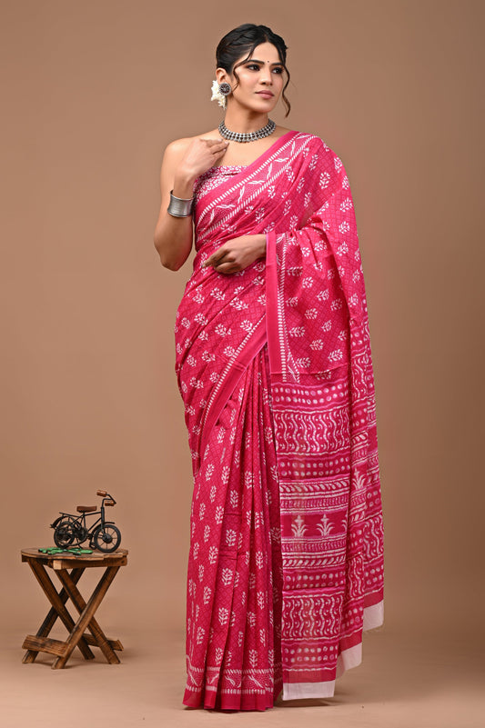 Summer Wear Cotton Mulmul Saree With Blouse