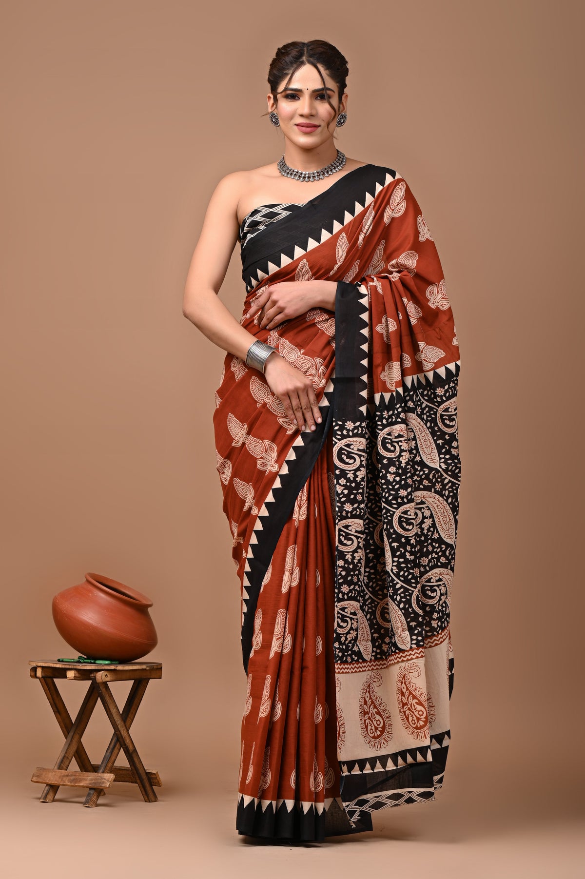 Bagru Print Pure Cotton Mulmul Saree with Blouse